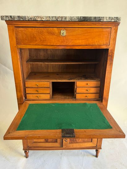 Walnut drop-leaf desk with a veined gray...