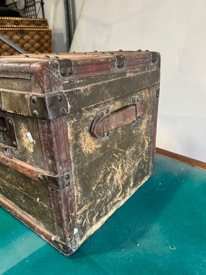 Coated wood, leather and brass travel trunk,...