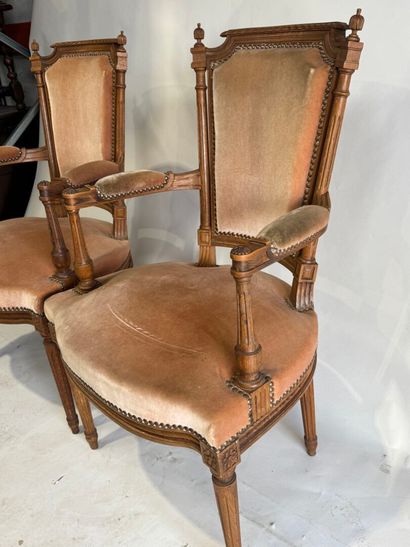 Pair of molded and carved beech armchairs,...