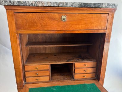 Walnut drop-leaf desk with a veined gray...