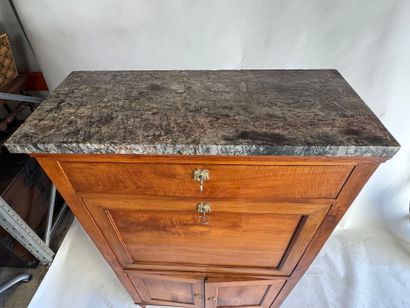 Walnut drop-leaf desk with a veined gray...