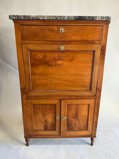 Walnut drop-leaf desk with a veined gray...