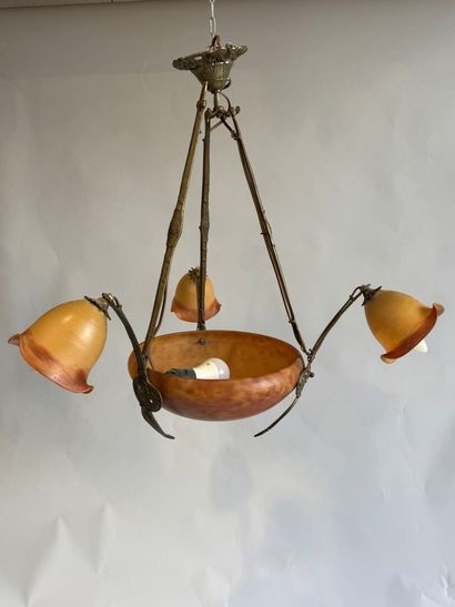 Three-light marmorated glass chandelier on...