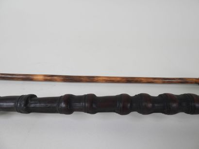 CHINE, XXe.
Deux pipes à opium en bois sculpté...