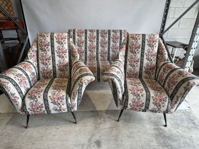 Floral fabric living room set, black lacquered...