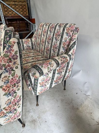 Floral fabric living room set, black lacquered...