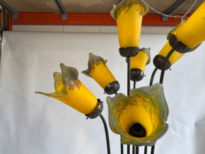 Large 7-light floor lamp in patinated metal,...