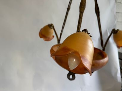 Three-light marmorated glass chandelier on...