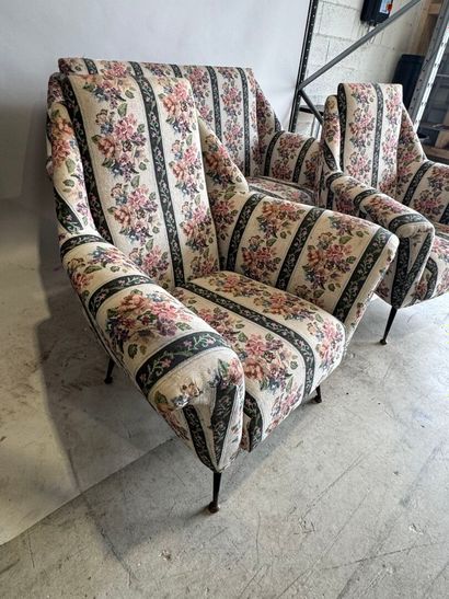 Floral fabric living room set, black lacquered...