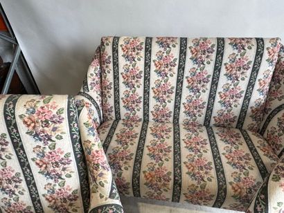 Floral fabric living room set, black lacquered...