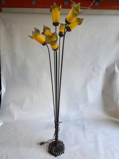 Large 7-light floor lamp in patinated metal,...