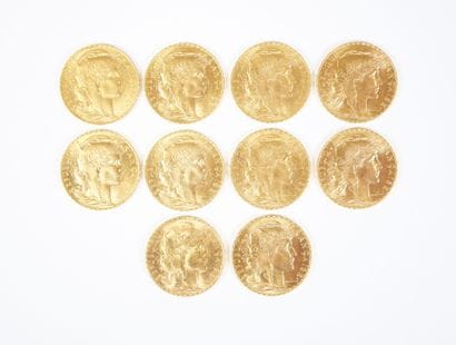 Ensemble de dix pièces de 20 francs en or,...