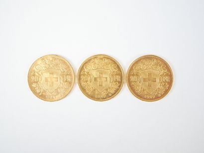 Ensemble de trois pièces de 20 francs suisses...