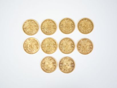 Ensemble de dix pièces de 20 francs suisses...
