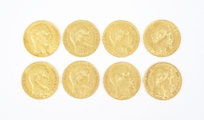 Ensemble de huit pièces de 20 francs en or,...