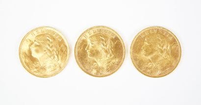 Ensemble de trois pièces de 20 francs suisses...