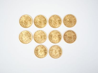 Ensemble de dix pièces de 20 francs suisses...