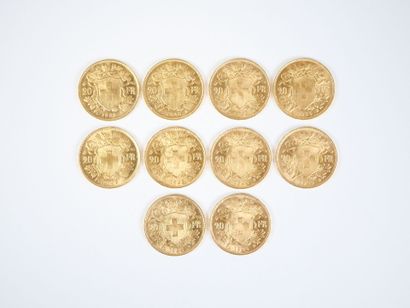 Ensemble de dix pièces de 20 francs suisses...