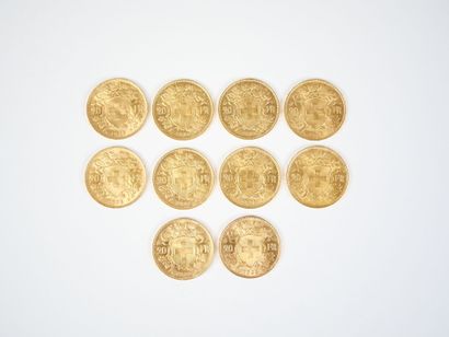 Ensemble de dix pièces de 20 francs suisses...