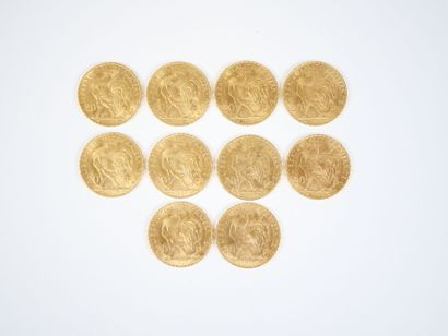 Ensemble de dix pièces de 20 francs en or,...