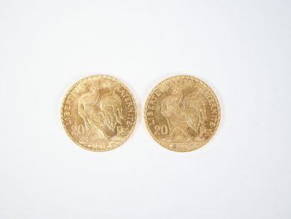 Deux pièces de 20 francs en or Marianne,...
