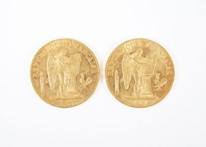 Deux pièces de 20 francs en or, Génie, 1893...