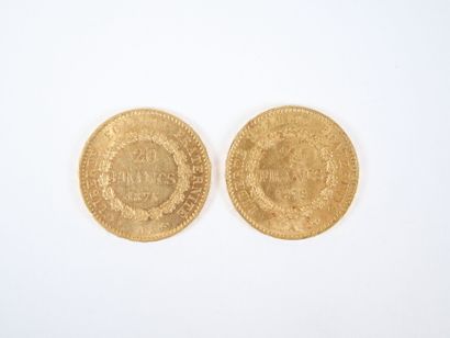 Deux pièces de 20 francs en or, Génie, 1875...