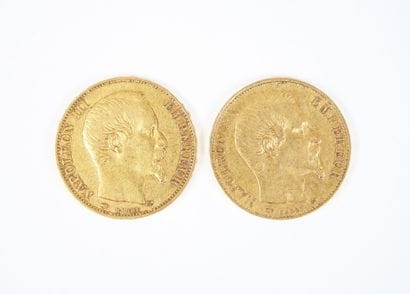 Deux pièces de 20 francs en or, Napoléon...