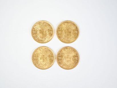 Ensemble de quatre pièces de 20 francs suisses...