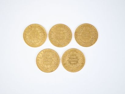 Ensemble de cinq pièces de 20 francs en or,...
