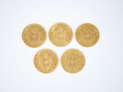 Ensemble de cinq pièces de 20 francs en or,...