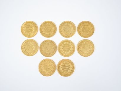 Ensemble de dix pièces de 20 francs en or,...