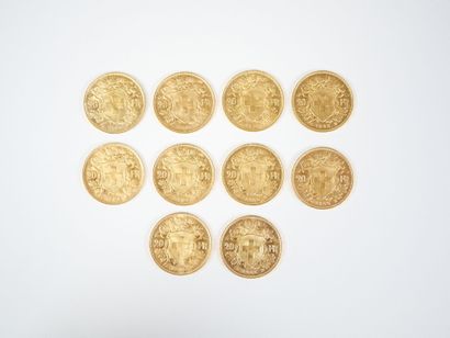 Ensemble de dix pièces de 20 francs suisses...