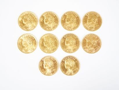 Ensemble de dix pièces de 20 francs suisses...