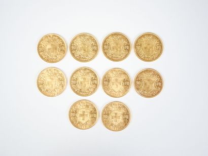 Ensemble de dix pièces de 20 francs suisses...