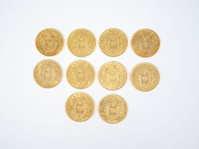 Ensemble de dix pièces de 20 francs en or,...