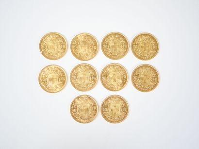 Ensemble de dix pièces de 20 francs suisses...