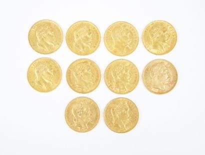 Ensemble de dix pièces de 20 francs en or,...