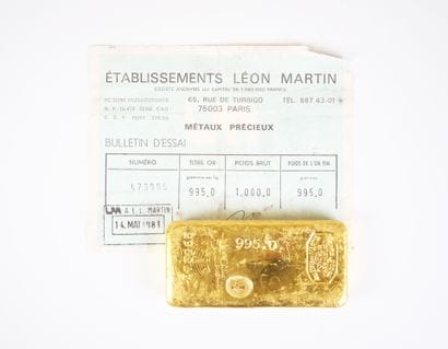 Lingot en or jaune d'1 kg (995 g), numéroté...