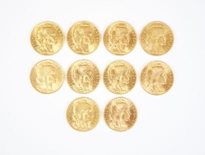 Ensemble de dix pièces de 20 francs en or,...
