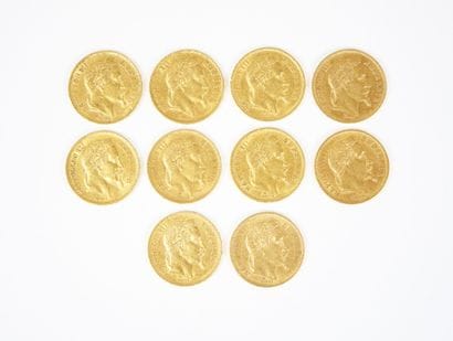 Ensemble de dix pièces de 20 francs en or,...