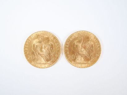 Deux pièces de 20 francs en or, Marianne,...