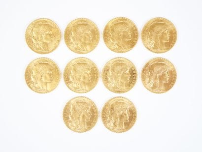 Ensemble de dix pièces de 20 francs en or,...