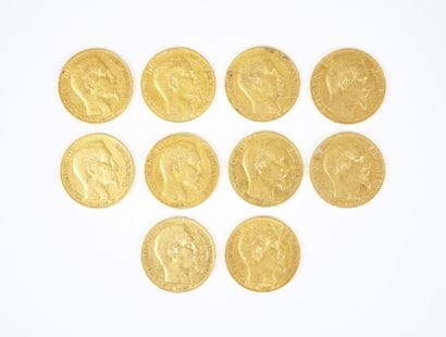 Ensemble de dix pièces de 20 francs en or,...