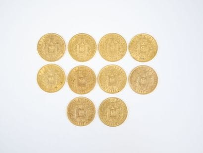 Ensemble de dix pièces de 20 francs en or,...