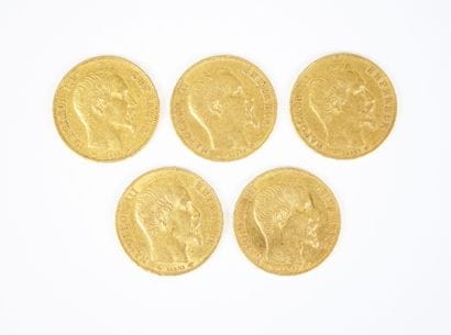 Ensemble de cinq pièces de 20 francs en or,...