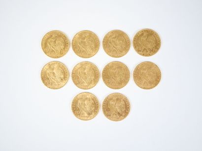 Ensemble de dix pièces de 20 francs en or,...