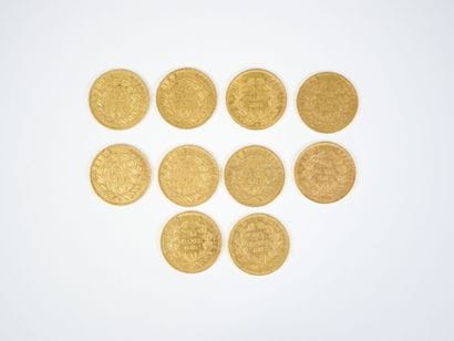 Ensemble de dix pièces de 20 francs en or,...
