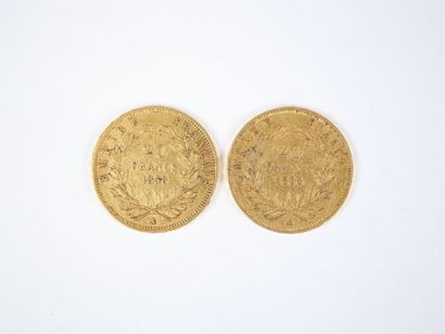 Deux pièces de 20 francs en or, Napoléon...