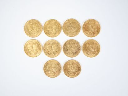Ensemble de dix pièces de 20 francs en or,...